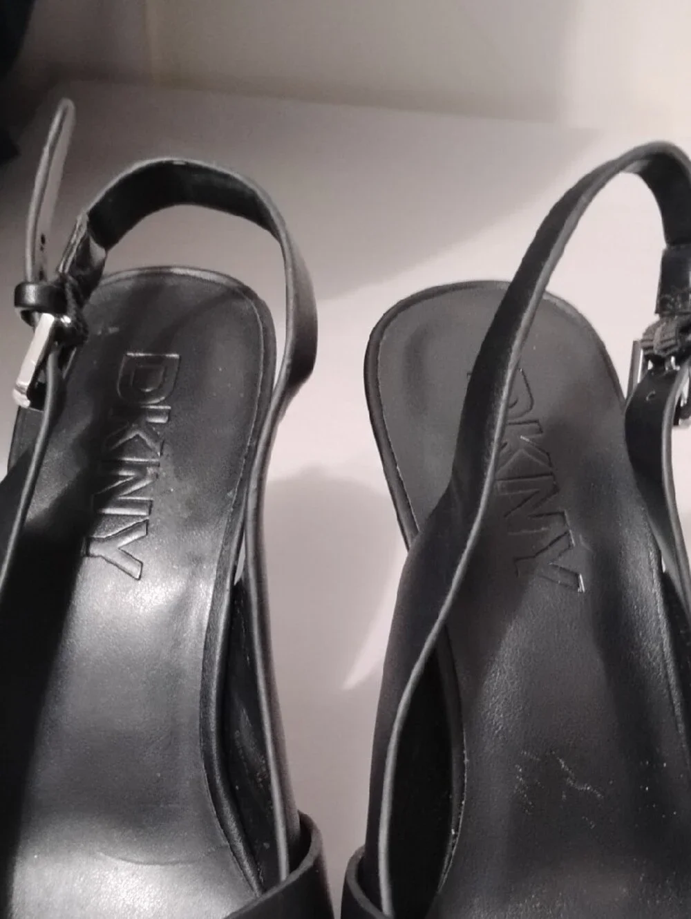 DKNY Black Pointed Slingback Heels with Silver Buckle Accent